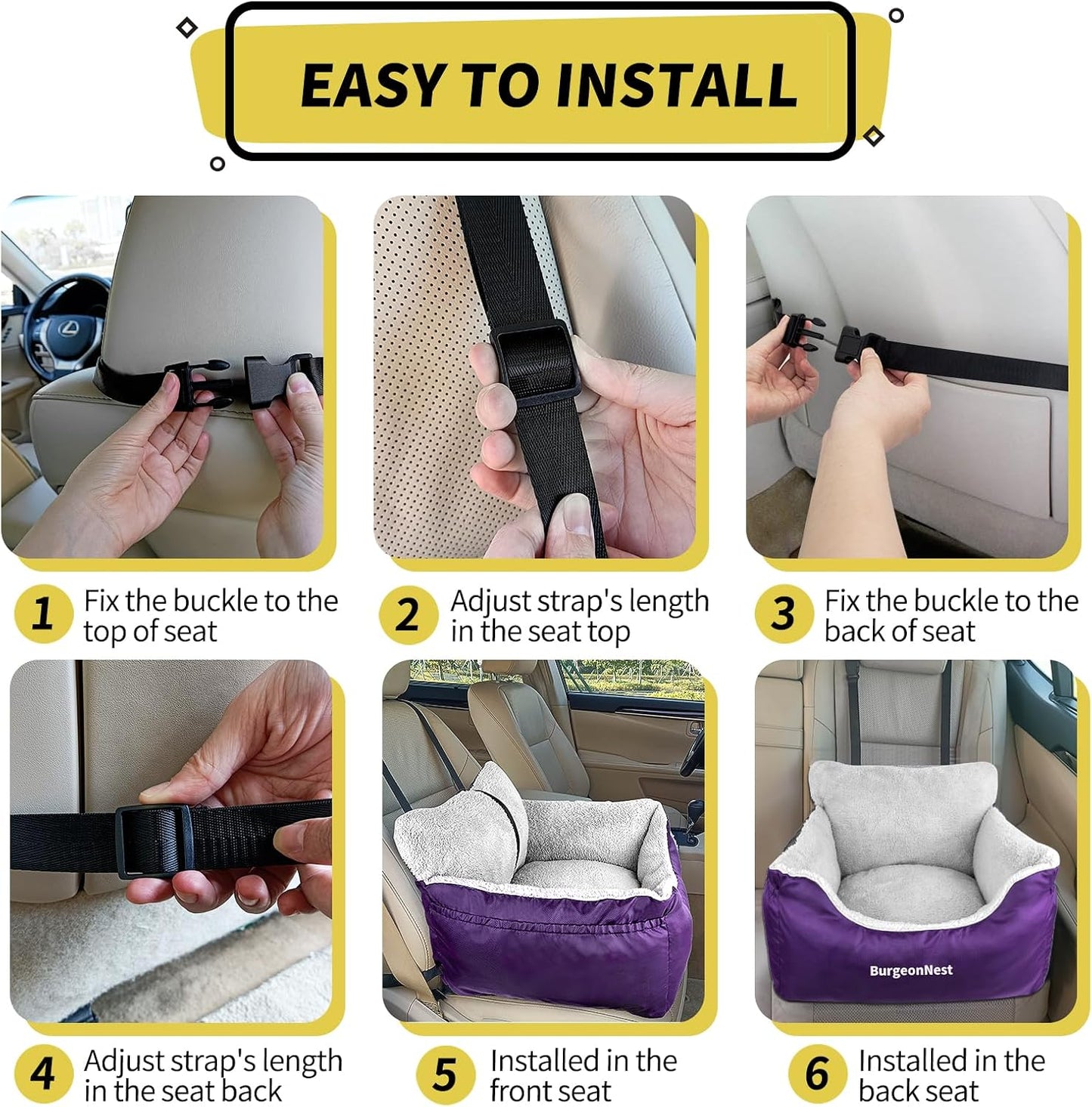 BurgeonNest Dog Car Seat for Small Dogs, Fully Detachable and Washable Cat Carseats Under 25 lbs, Soft Pet Booster Seats with Storage Pockets Clip-On Leash Portable Travel Carrier Bed, Purple