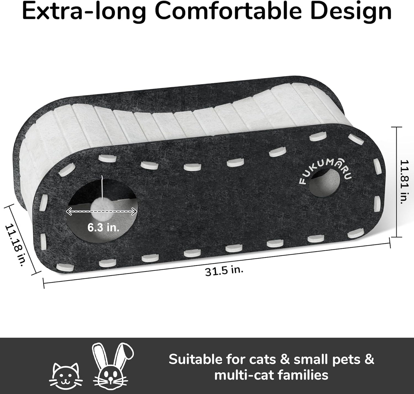 FUKUMARU Cat Beds for Indoor Pets, 31.5 Inches Extra-Large Cat Cave for Multi-Pet, Cozy House with Fluffy Ball Hanging, Scratch Resistant Felt Kitten Hideaway Bed, Feline Tunnel, Grey
