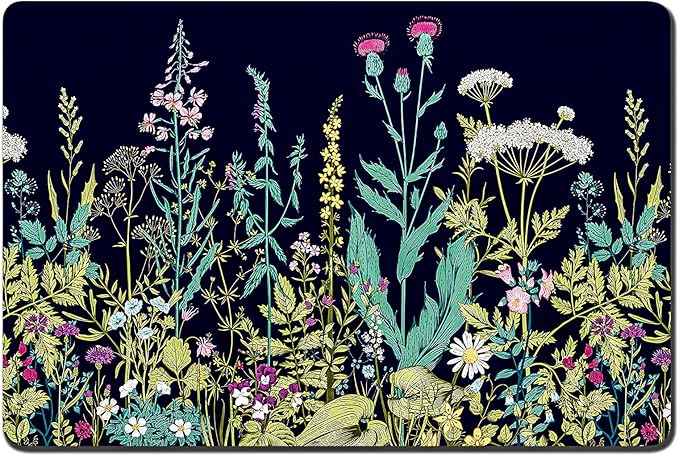 Rnivvi Dog Food Mat, 12" x 19" Flower Absorbent Dog Cat Bowl Mat for Food and Water, Cute Anti-Slip Rubber Pet Feeding Rug Protect Floors, Puppy Placemat for Feeding & Watering Supplies,Black Floral