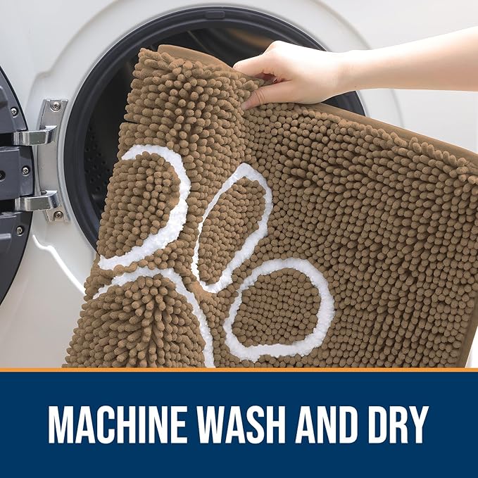 OLANLY Door Mat for Muddy Dog Paws 36x24, Ultra Absorbent Chenille Mud Doormat with Paw Print Design, Non-Slip Washable Doormat for Indoor Entryway, Quick-Dry Pet Bed Mats for Dirty Dogs, Tan