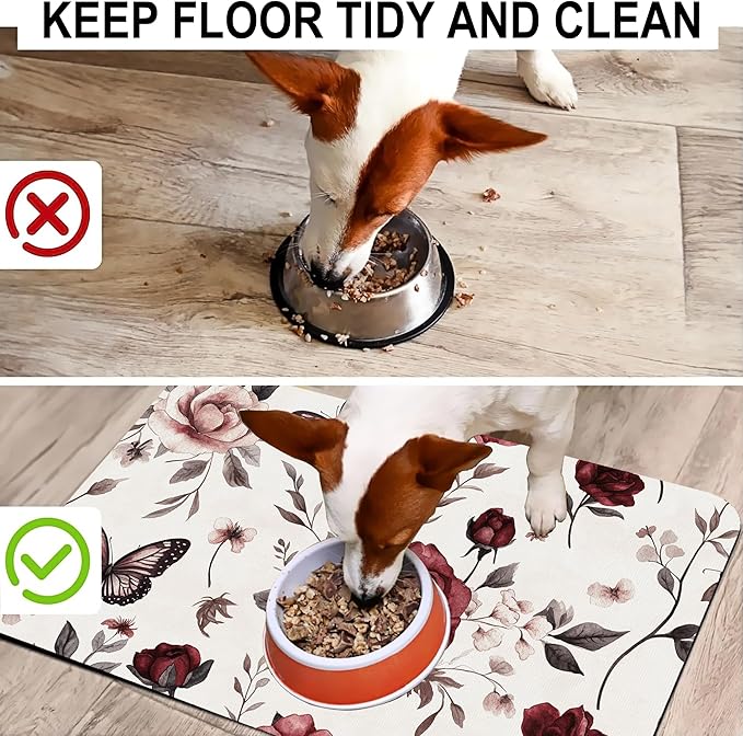 Vintage Flower Butterfly Dog Cat Food Mat-Absorbent Placemat for Food and Water Bowl, Waterproof Non Slip Rubber Backing Dog Food Mats for Floors, Pet Supplies 12 * 20 inch