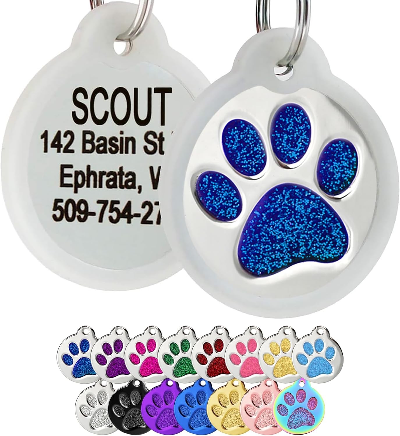 GoTags Paw Print Round Stainless Steel Pet Tag for Dogs and Cats, Personalized with 4 Lines of Custom Engraved ID with Silencer, in Stainless Steel and 15 Colors Small and Large, Glitter Blue