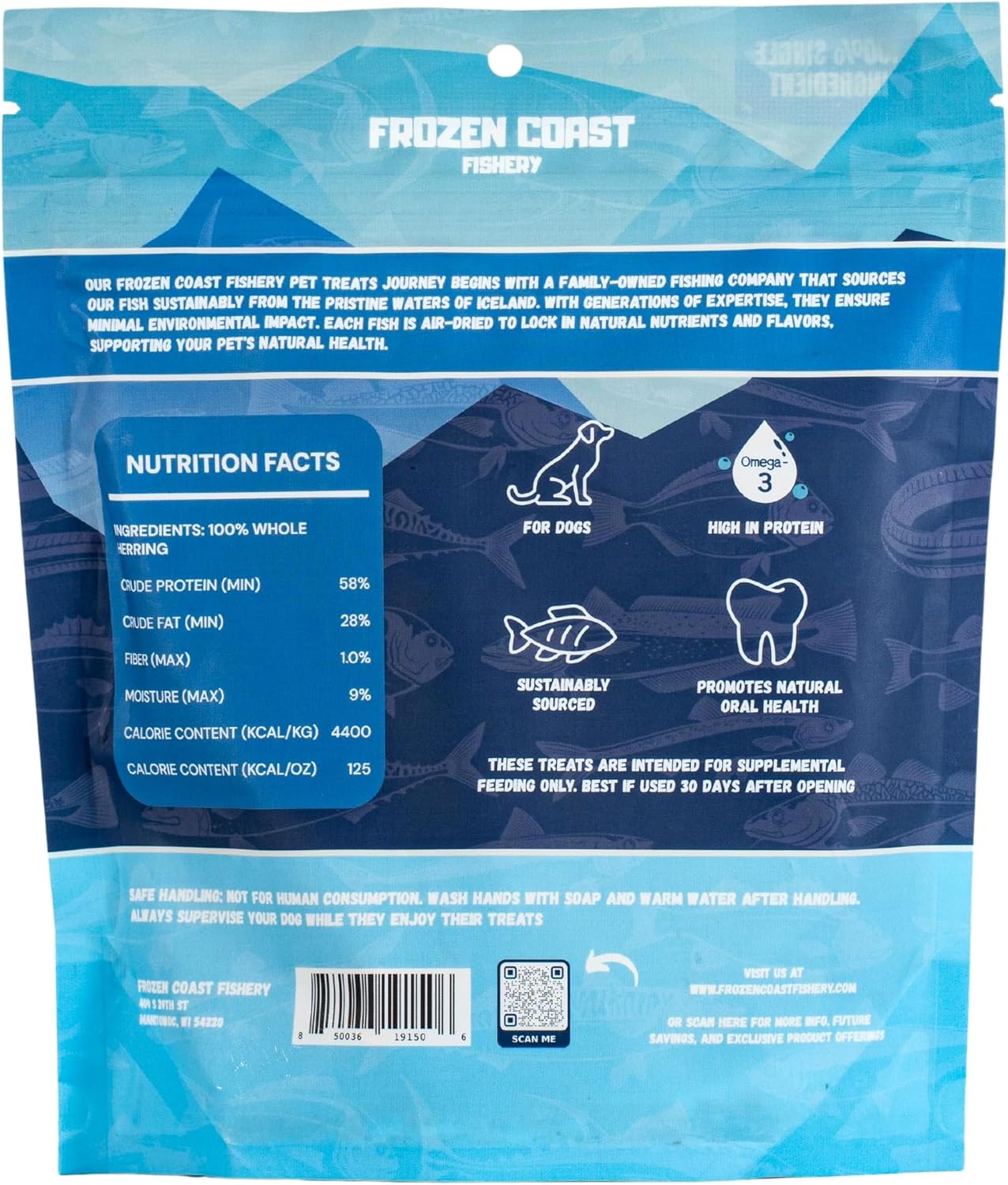 Frozen Coast Herring Cat & Dog Treats, Wild-Caught, All-Natural, High Protein (3 oz Bag)