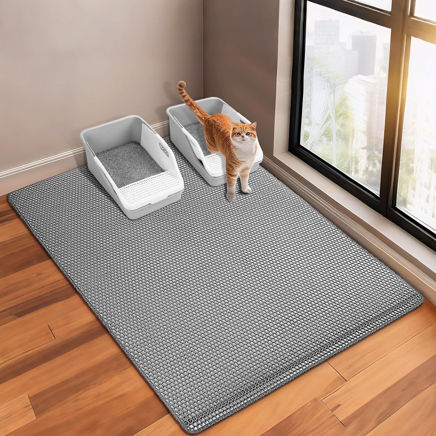 GRELY XL47''X 28'' Extra Large Cat Litter Mat,Double Layer Litter Trapping Mat,Kitty Litter Box Mat,Cats Rug for Pet, Litterbox Mats for Floor,Waterproof Urine Proof,Non-Slip