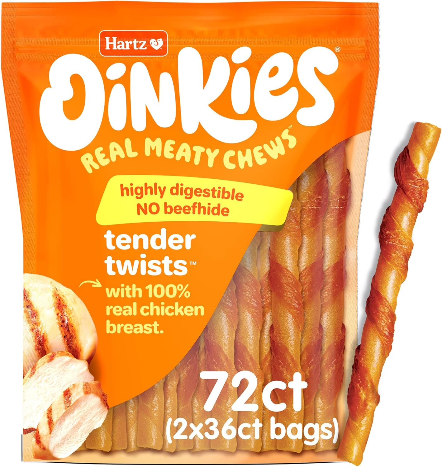 Hartz Oinkies Tender Twists with Real Chicken Breast Rawhide-Free Dog Treats, Highly Digestible Dog Chews, 72 Count