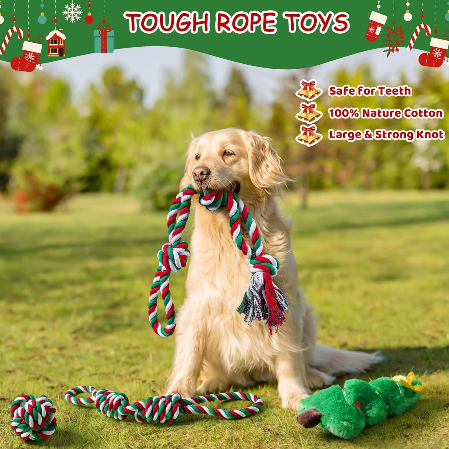 Aitmexcn Christmas Dog Rope Toys Set, 7 Pack Cotton Dog Toys for Large Dogs and Medium Small, Cute Interactive Squeaky Toy, Chewing Puppy Gaming Toy for Teeth Cleaning