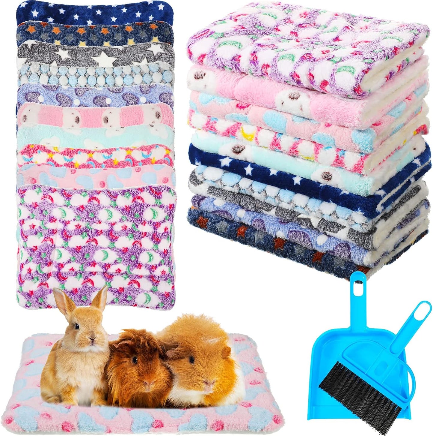 Tudomro 10 Pcs Guinea Pig Bed Mat with Cleaning Dustpan Brush 15" x 11" Animal Bedding Fleece Bunny Sleeping Pad for Small Dogs Cats Rats Hedgehogs Ferrets Hamster Indoor (Heart Star)