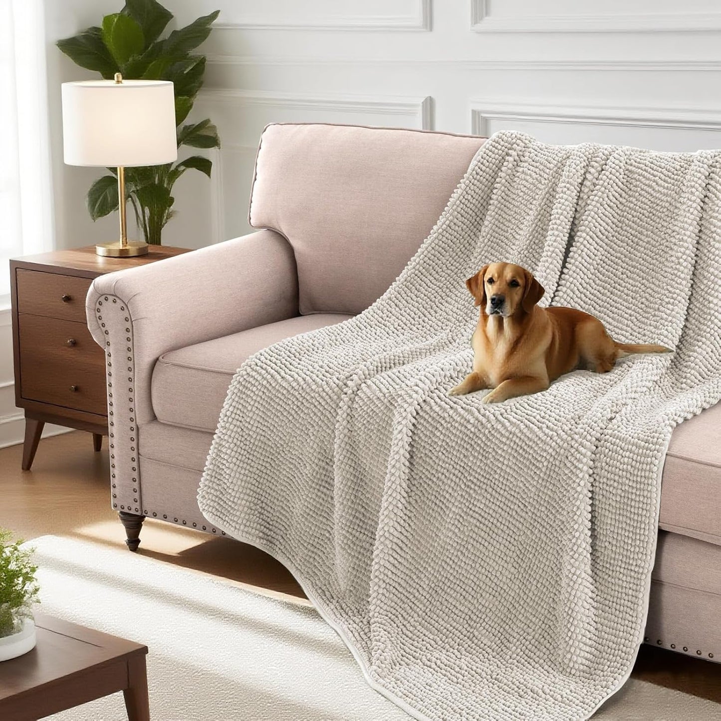 H.VERSAILTEX Plush Chenille Couch Cover for Dogs Pets Blanket for Bed Anti-Slip Soft and Durable Furniture Protector for Small Medium Large Cats Washable (52" x 82", Oatmeal)