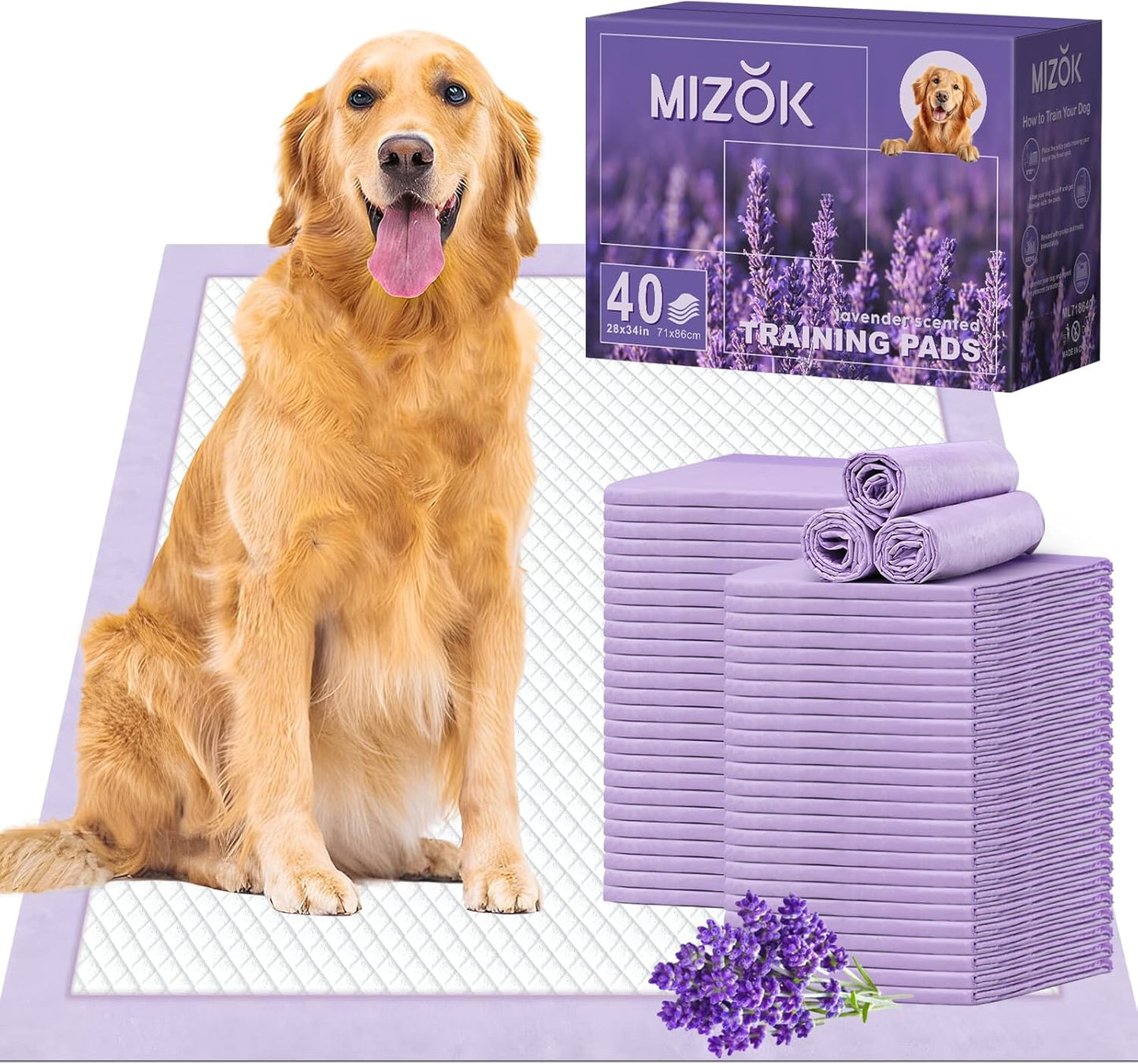 MIZOK Puppy Pads 28x34in Lavender Scented, Dog Pee Pads Extra Large Odor Eliminating Ultra Absorbent Up to 8 Cups, 6 Layers Leak-Proof & Quick-Dry Purple (40 Counts)