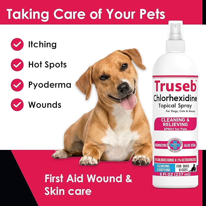 Truseb Topical Ketoconazole and Chlorhexidine Spray for Dogs, Cats, and Horses with Essential Fatty Acids, Aloe and Vitamin E- 16 oz (Ketoconazole & Chlorhexidine Spray, 16 oz)