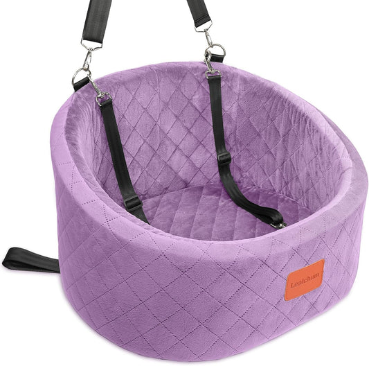 Dog Car Seat for Small Dogs Up to 30 Lbs,Ultra Soft Fabric Fill in Comfy Memory Foam,Happy Pet Ride,2 Safety Dog Leashes,Fully Detachable and Washable,Anti Slip Base(Purple)
