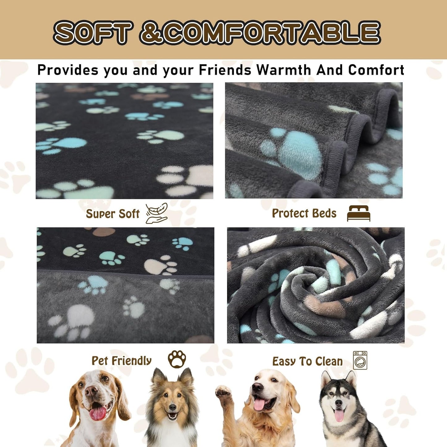 Dog Blanket for Large Dogs, Cat Flannel Washable Soft Pet Mat Throw Cover for Kennel Crate Bed, Cute Paw Pattern, Grey, 80x60 Inch