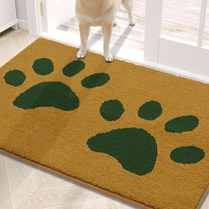 Buganda Dog Door Mat for Muddy Paws, Absorbent Dirt Trapper Washable Indoor Doormats, Non Slip Low-Profile Mud Mat for Dogs, Front Entrance Doormat for Inside Floor (30x20 Inches, Yellow and Green)