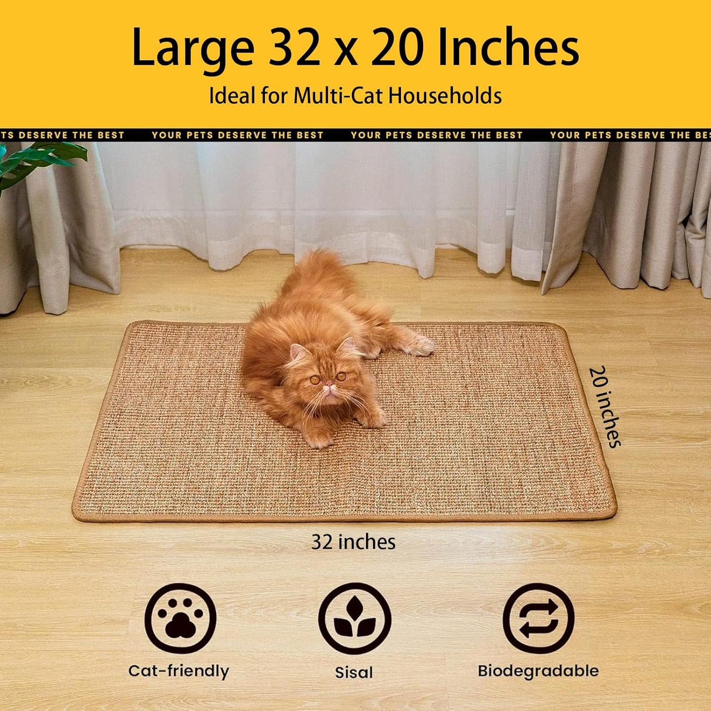 Large Cat Scratch Mat [32 X 20 Inch] Natural Sisal Cat Scratching Mats for Indoor Cats, Durable Cat Scratcher Rug Sisal Pad for Cats Bed, Floor, Couch, Carpets