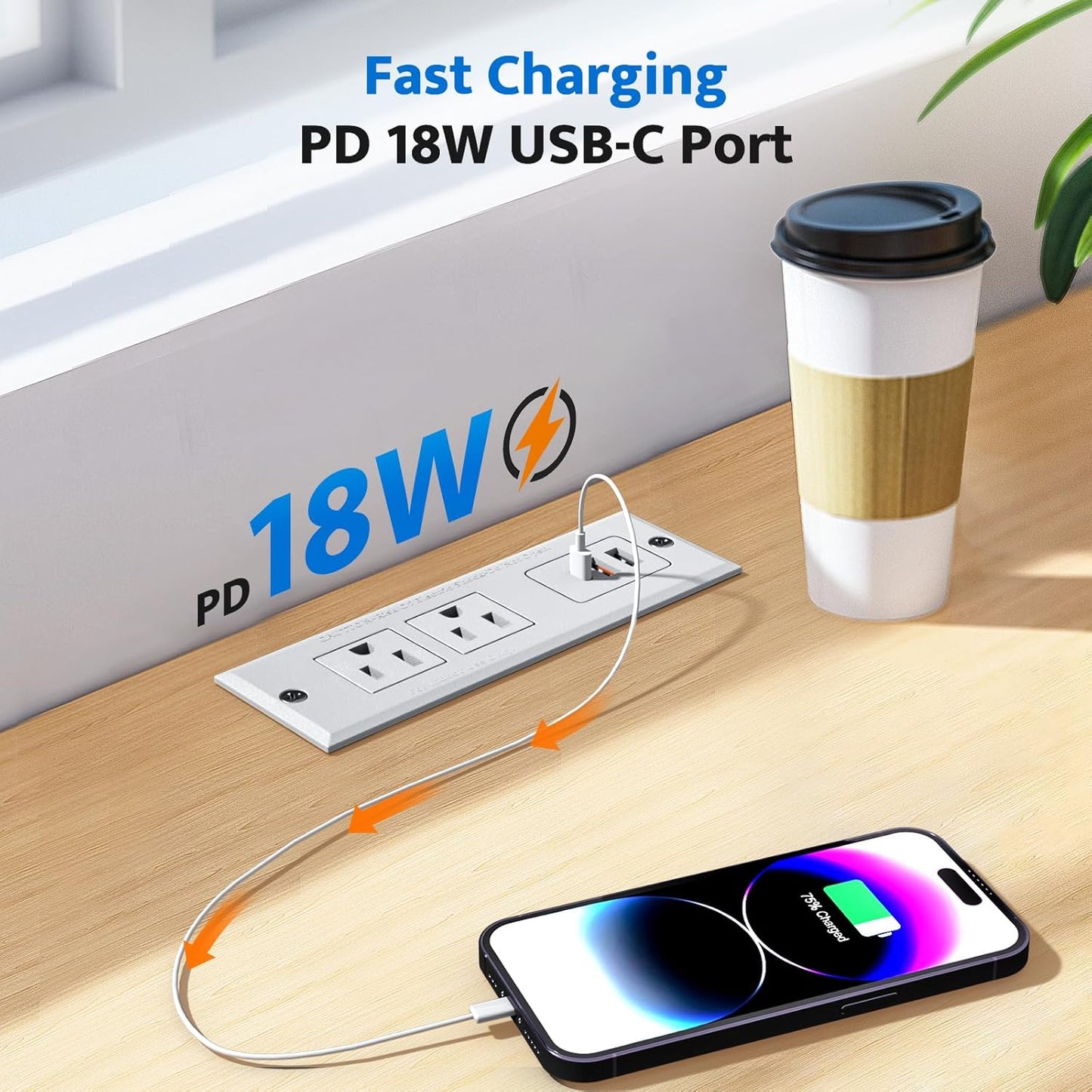 DOACE Recessed Power Strip with 18W USB C Fast Charging Conference Recessed Outlet,Space-Saver for Furniture Side Table,2 AC Outlets,3 USB Ports,6ft Cord, 45° Thin Flat Plug, White