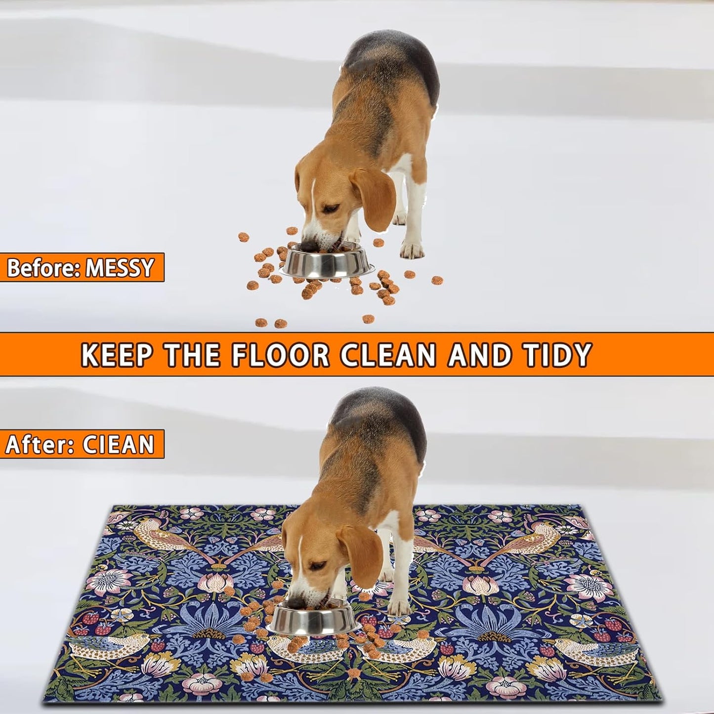Pet Feeding Mat for Dogs and Cats - Super Absorbent Anti-Slip Bowl Pad, Eco-Friendly Washable Mat to Prevent Spills and Mess Retro Bird Mat 12"x20"
