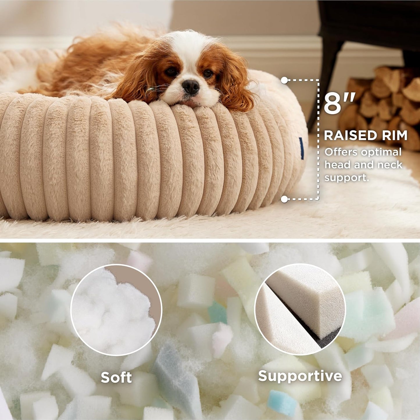 Bedsure Medium Dog Bed - Washable Faux Fur with Corduroy Fleece & Anti Slip Bottom, Round Pet Bed with Removable Cover, Sandy Tan, 30x30x8 inches