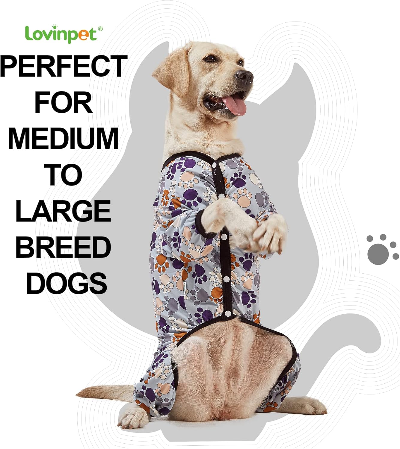 LovinPet Large Breeds Dog Onesies - Dog Pajamas, Lightweight Stretchy Fabric, Dog Long Sleeve Shirt, Paw-Some Steel Gray Print, Dog Jumpsuit, UV Protection, Pet PJ's/XL