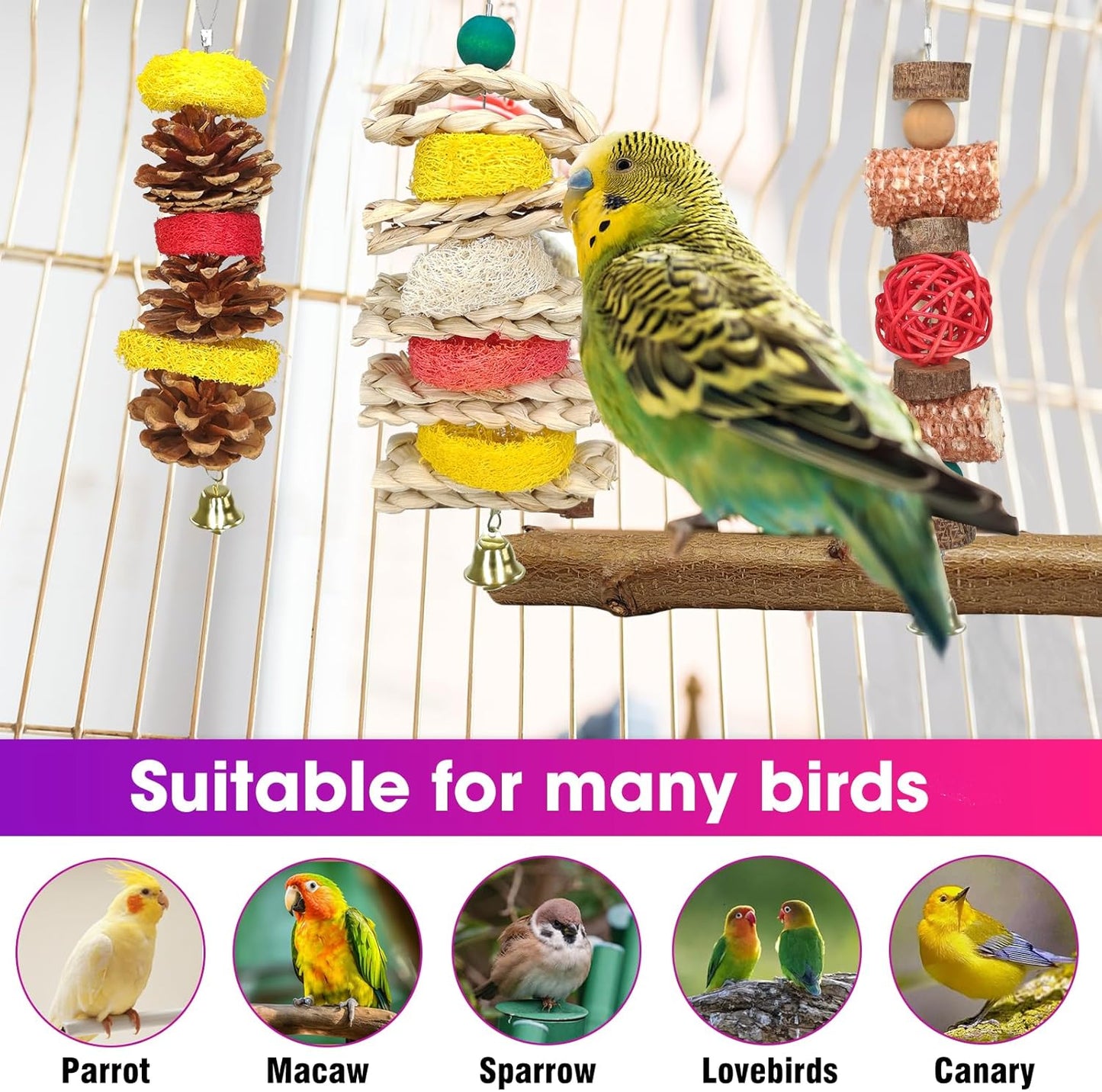 Natural Wood Bird Chew Toys, 7 Pack Hanging Parrot Cage Perch Stand for Parakeet, Cockatiel, Lovebird, Budgie