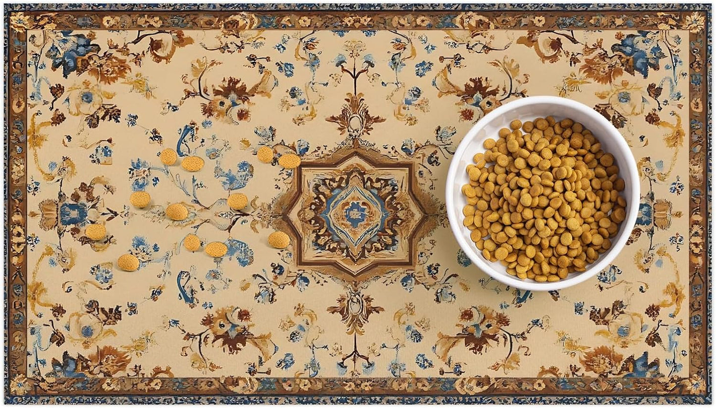 Pet Dog Cat Food Mat, Retro Pattern Pet Feeding Pad, 12 * 20 Inch Absorbent Dog Food Mat, Cat Dish Mat for Food and Water, Suitable for Dog Cat or Other Pets