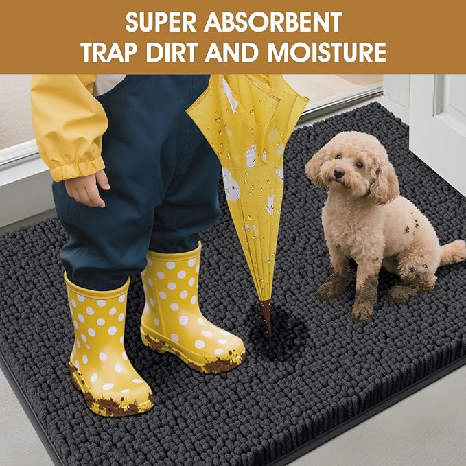 Dog Door Mats for Muddy Paws, Chenille Absorbent Door Mats, Non Slip Heavy Mud Mat for Dogs, Soft Indoor Door Mat for Entryway, Mud Paws, Inside Floor,30" X 20", Dark Grey