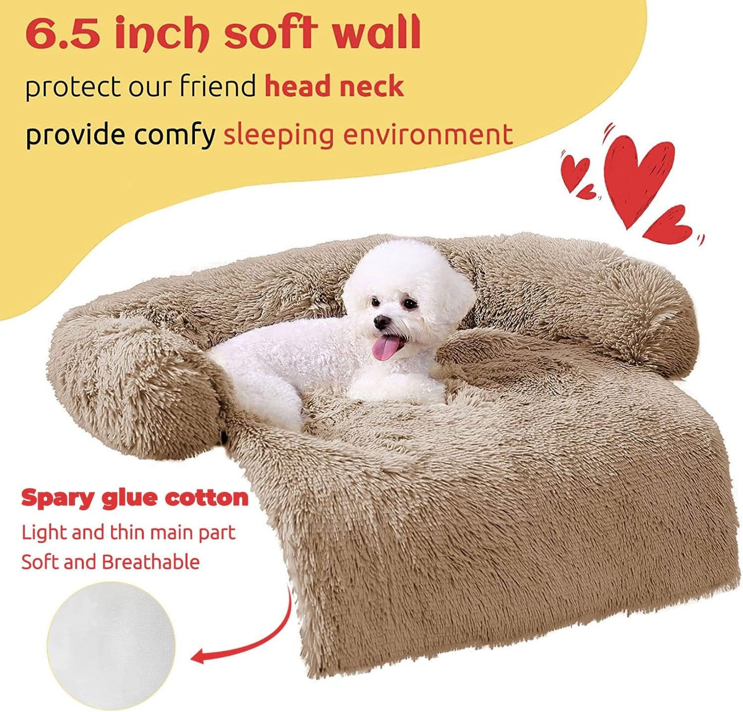 HACHIKITTY Calming Pet Sofa Bed Mat, Washable Plush Couch Cover, Furniture Protector for Dogs and Cats, Fluffy Dog Couch Bed with Anti-Slip Bottom (30"x 27"x 6", Camel)