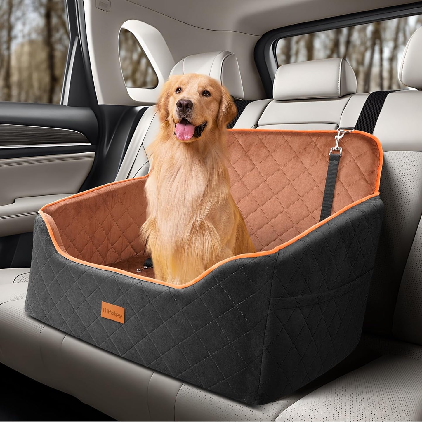 Dog Car Seat for Medium Dog, Booster Seat for Dogs Under 55lb, Elevated Pet Seat with Pocket, Anti-Slip Bed for Car, Perfect for Back Seat & Trunk with 2 Safety Leashes (Black/Brown, Large)
