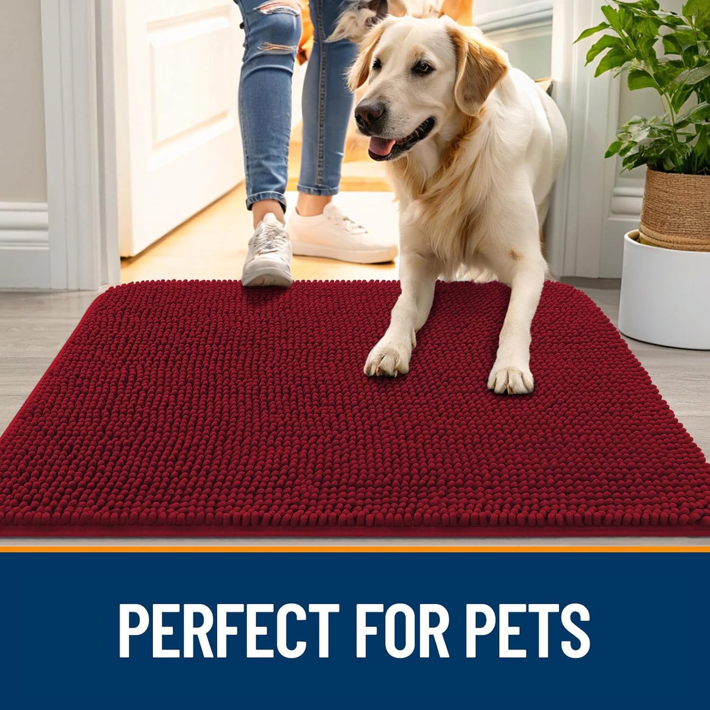 OLANLY Dog Door Mat for Muddy Paws 30x20, Absorbs Moisture and Dirt, Absorbent Non-Slip Washable Doormat, Quick Dry Chenille Mud Mat for Dogs, Entry Indoor Entryway Carpet for Inside Floor, Red