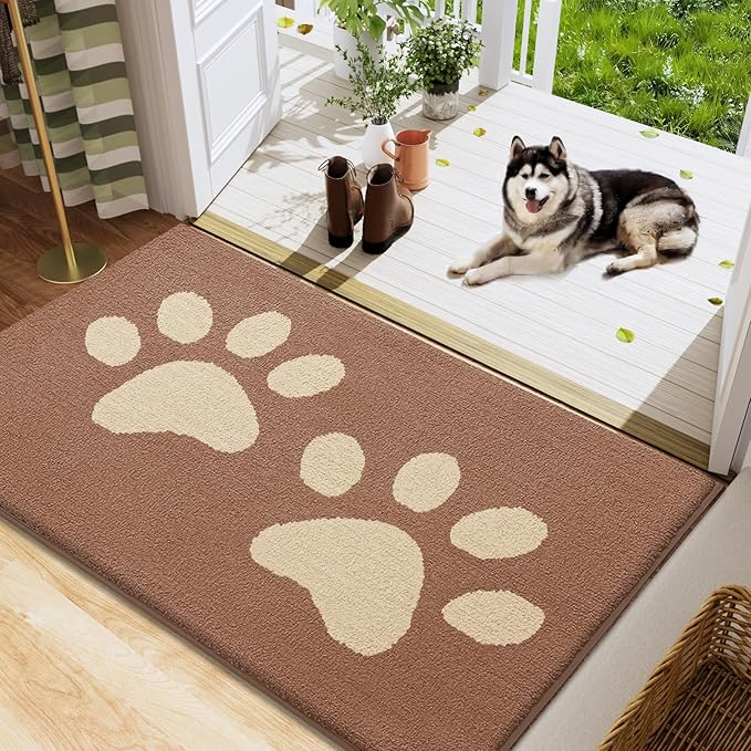 Buganda Dog Door Mat for Muddy Paws, Absorbent Dirt Trapper Washable Indoor Doormats, Non Slip Low-Profile Mud Mat for Dogs, Front Entrance Doormat for Inside Floor (48x30 Inches, Camel)
