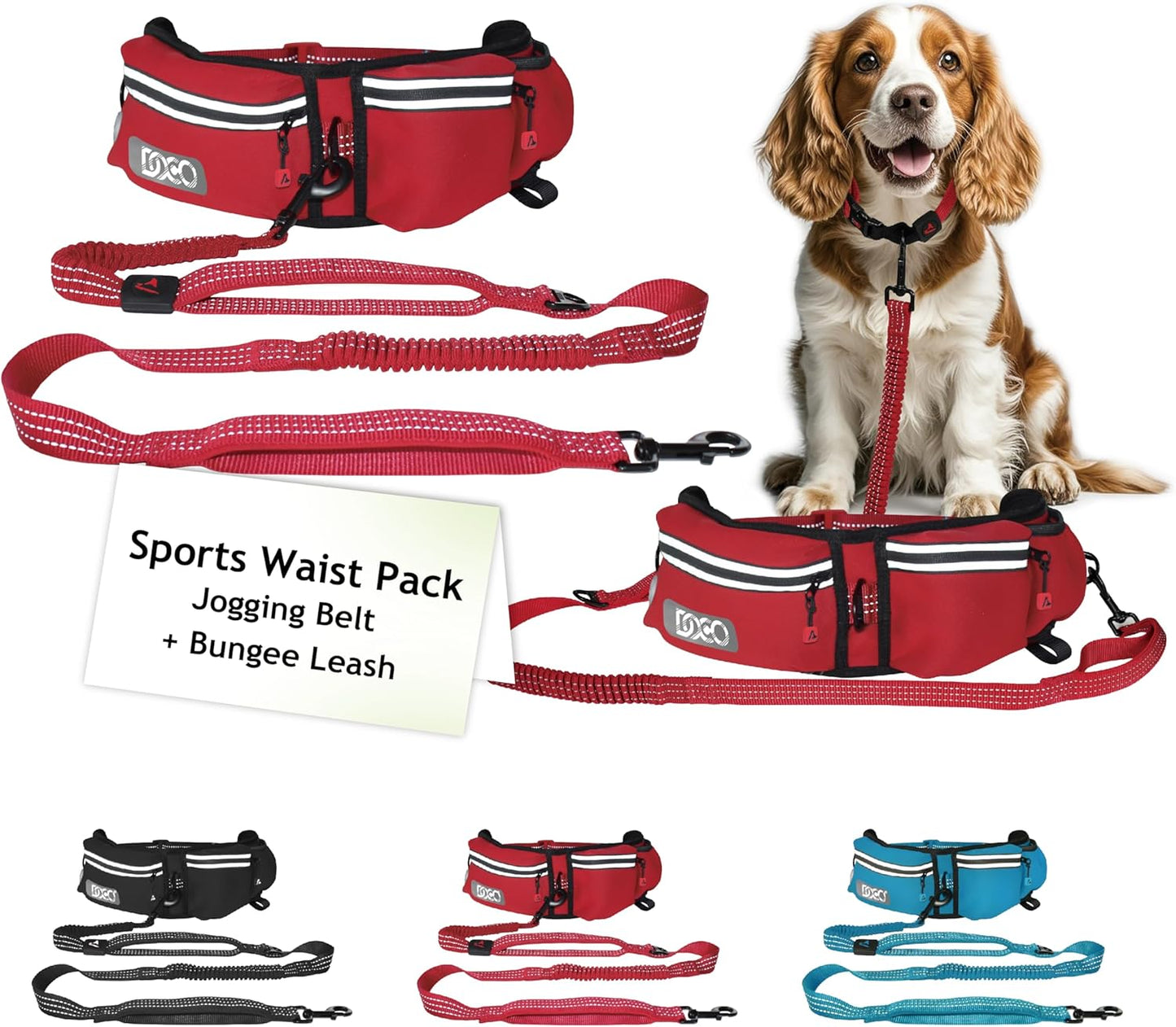 DOCO Hands Free Dog Leash (Waist 26”- 48”, Leash- 1”x 5ft) Waist Belt for Walking, Running, Training & Hiking, Bungee with Dual Handles, Adjustable Fit, Reflective Safety Design for Large Dogs (Red)