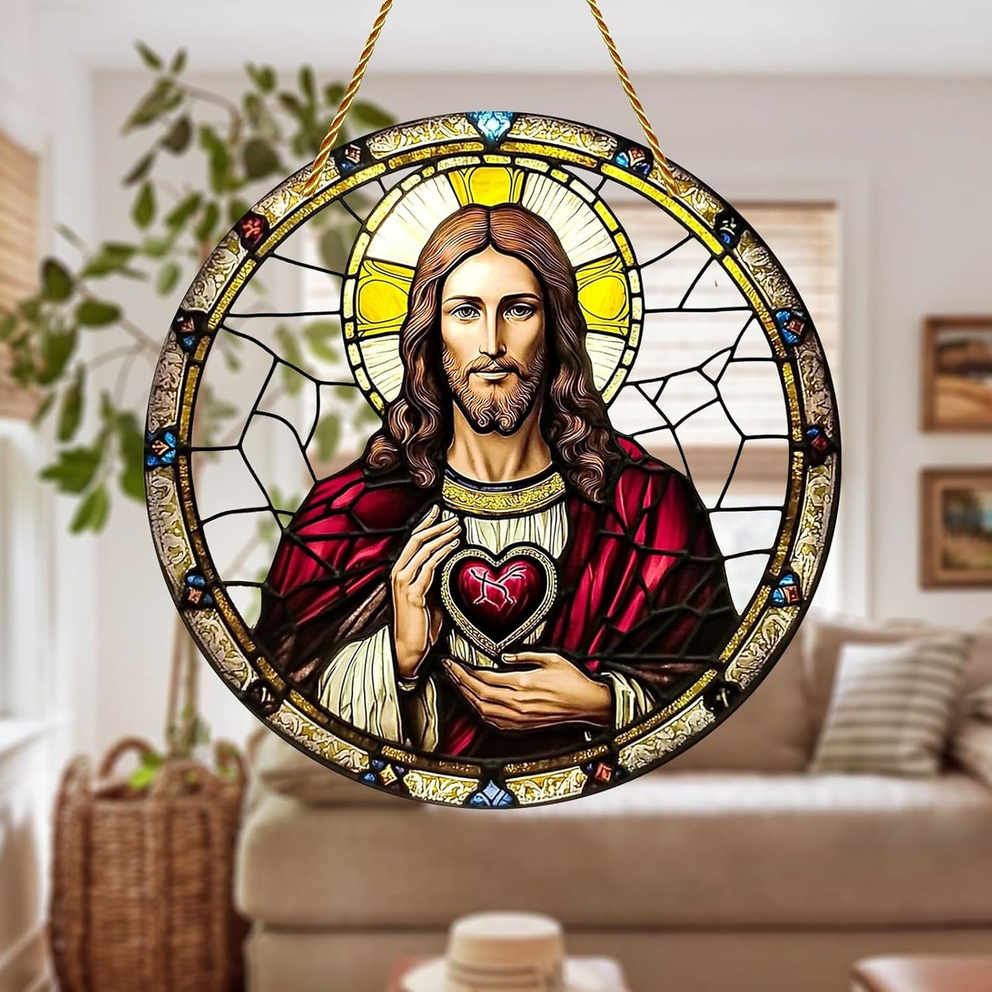 8x8 inch Charming Jesus Christ Acrylic Stained Glass Window Hanging Sun Catcher Decor Stained Panel Hangings Wall Art Decor, for Friends and Family (Jesus Christ)