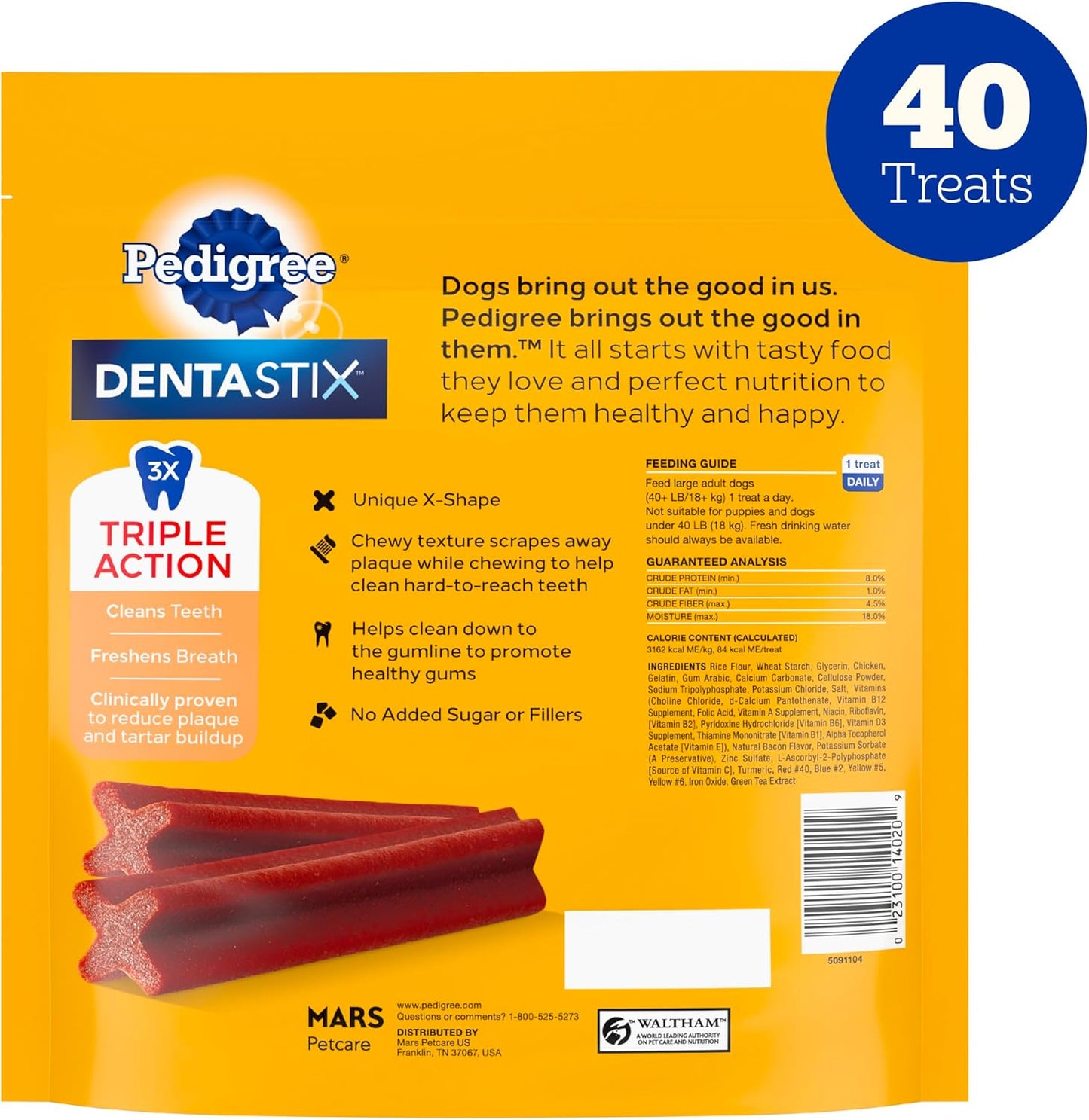 Pedigree Dentastix Large Breed Dog Treats, Bacon Flavor, 2.08 lb. Bag (40 Treats)