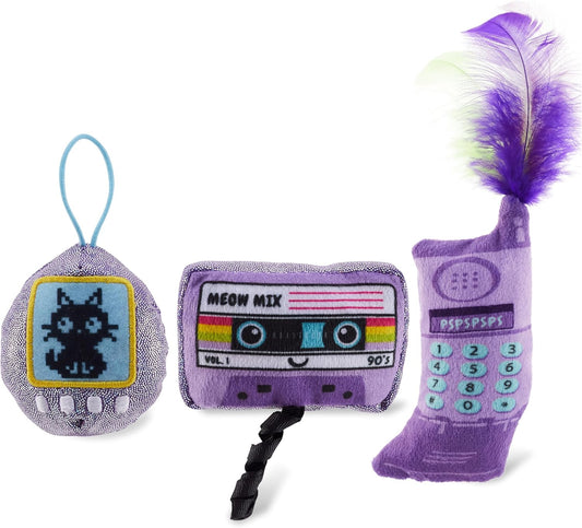 Catstages So Meowsome 90s Cat Toys, 3-Pack Catnip Plush Toys with Crinkle, Feathers & Dental Mesh, Multicolored