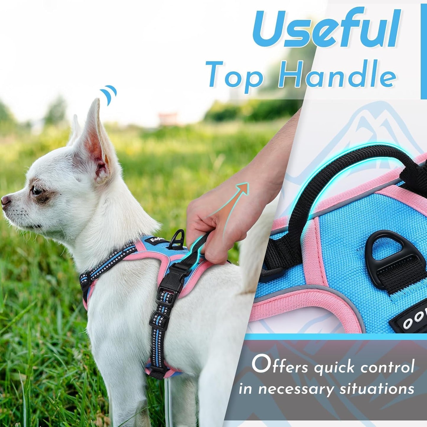 Eagloo Small Dog Harness No Pull, Service Vest with Reflective Strips and Control Handle, Adjustable and Comfortable for Walking, No Choke Pet Harness with 2 Metal Rings, Pink & Blue, XS