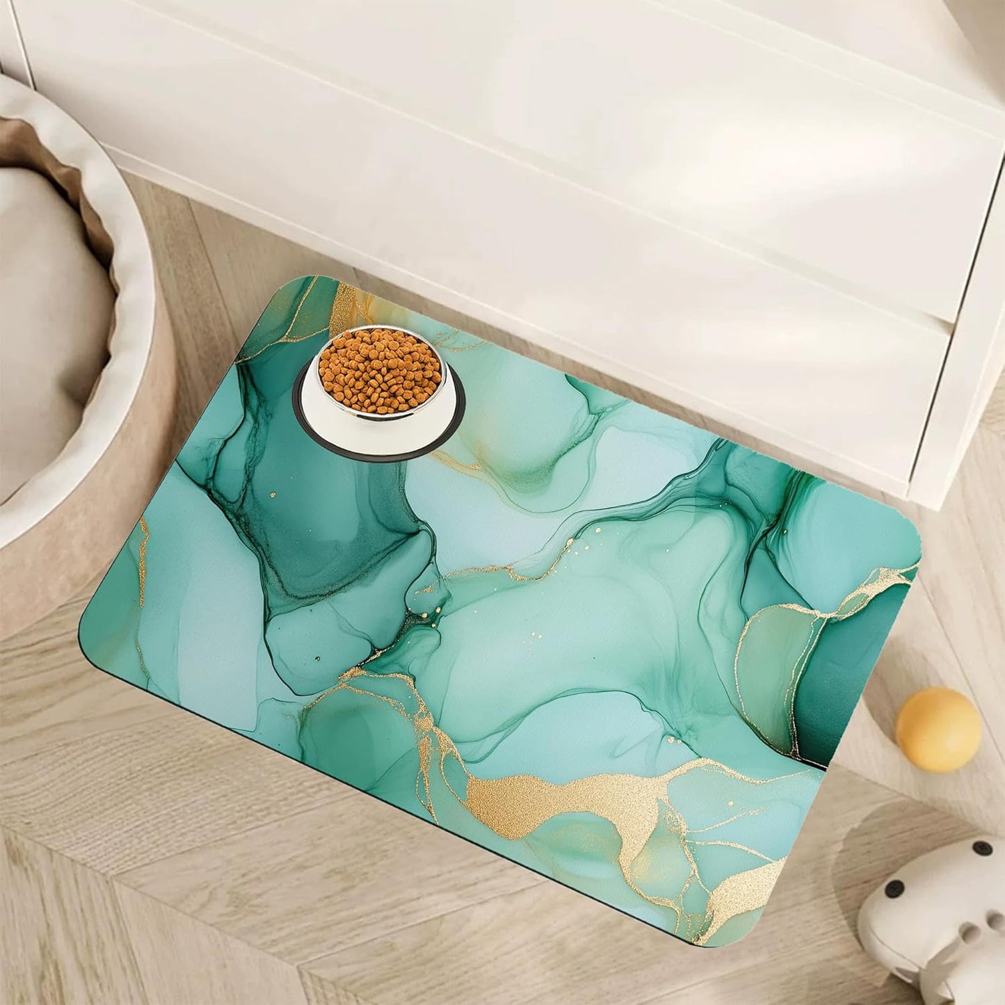 Marble Dog Food Mat for Floors,Green Gold Flowing Marble Absorbent Quick-Dry Pet Feeding Mat,Cat Dog Bowl Mats for Food and Water,Non-Slip Pet Accessories Supplies 12"x20"