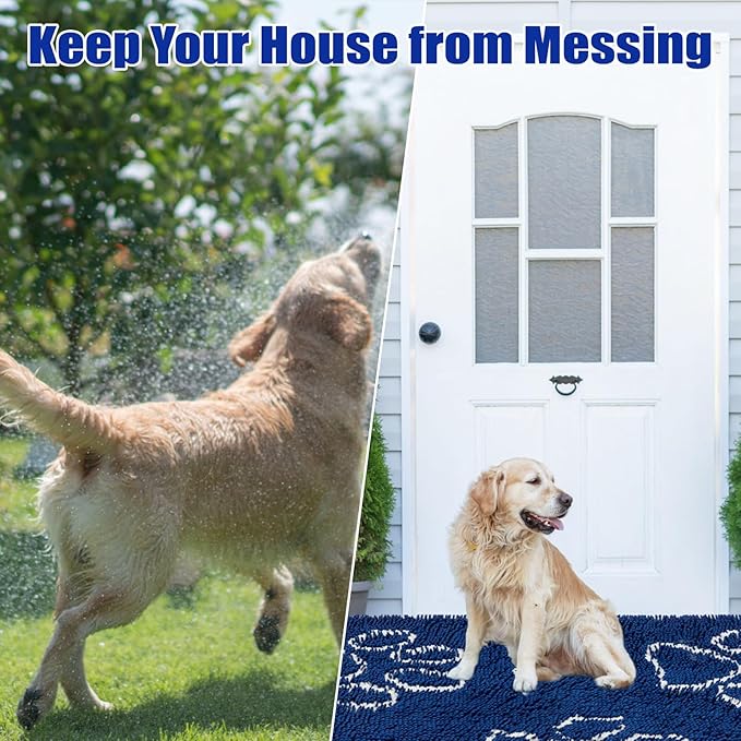 EXPAWLORER Dog Door Mat - Highly Absorbent Microfiber Rug, Soft Chenille, Non-Slip Large Pet Paw Cleaning, Washable Mud Mat for Indoor Outdoor Floor, Blue