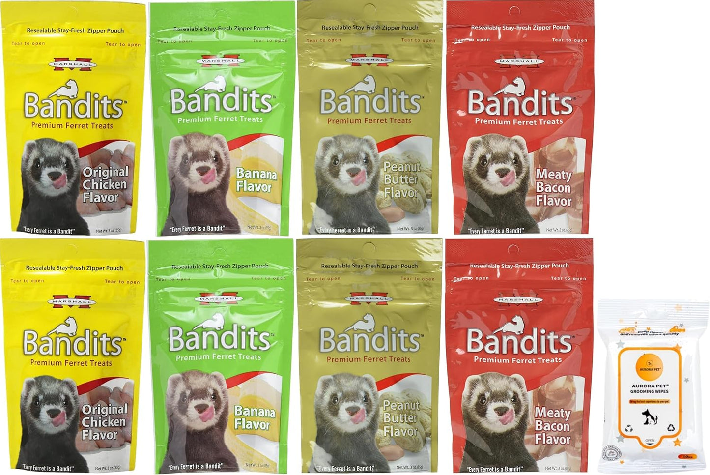 Aurora Pet Variety (8) Bandits Premium Ferret Treats (3-oz Each) with AuroraPet Wipes