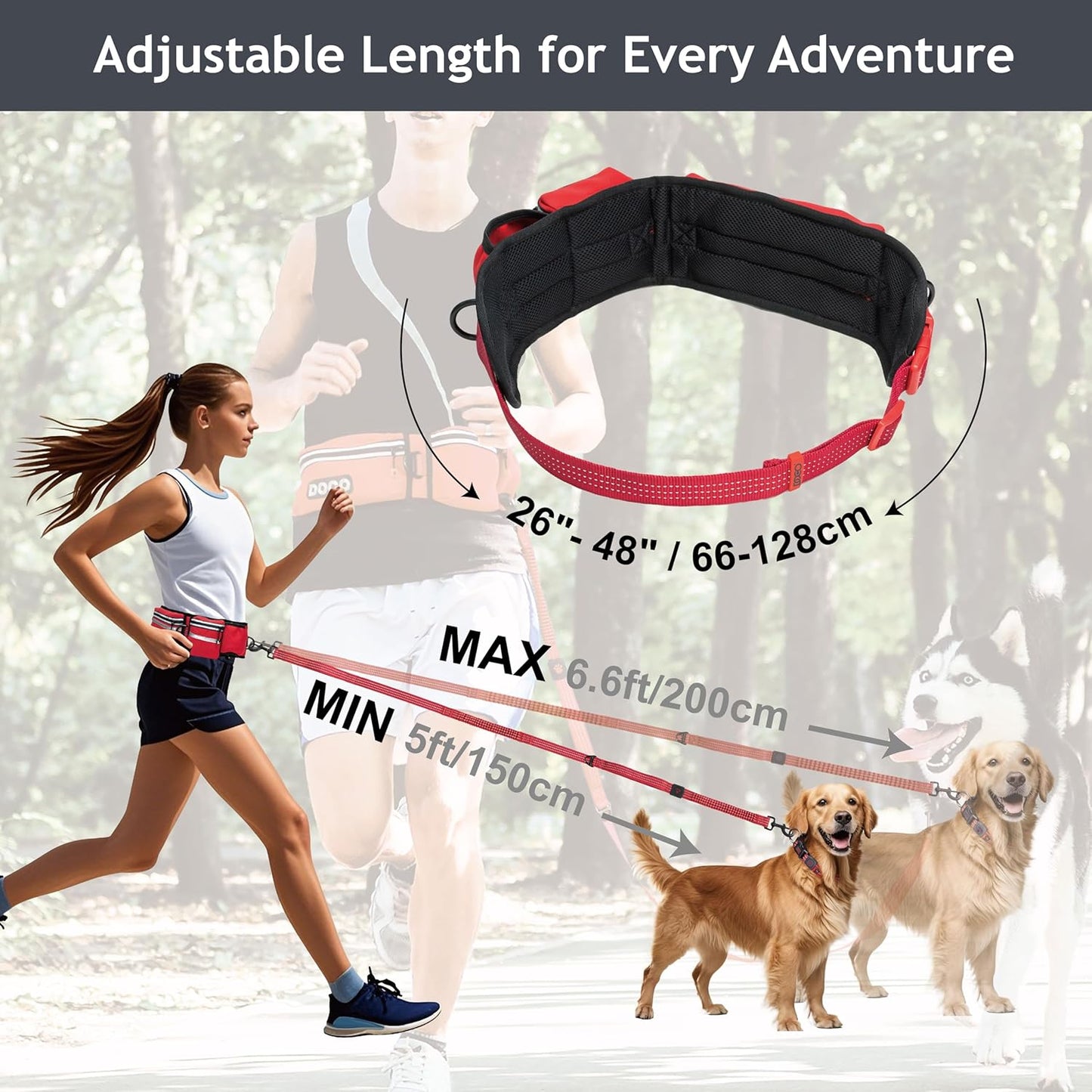 DOCO Hands Free Dog Leash (Waist 26”- 48”, Leash- 1”x 5ft) Waist Belt for Walking, Running, Training & Hiking, Bungee with Dual Handles, Adjustable Fit, Reflective Safety Design for Large Dogs (Black)