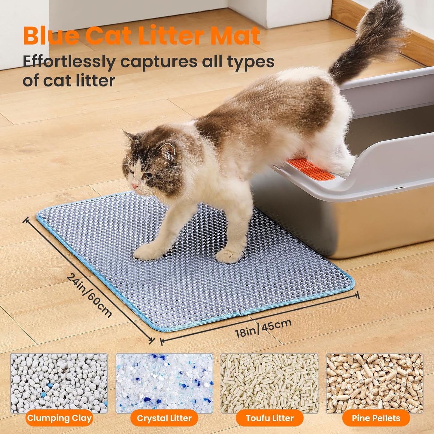 Cat Litter Mat, 24x18 Inches Large Double Layer Honeycomb Cat Litter Trapping Mat, Non Slip Waterproof Urine Proof Cat Litter Box Mat for Floor, Kitty Litter Rug, Cat Supplies, Blue