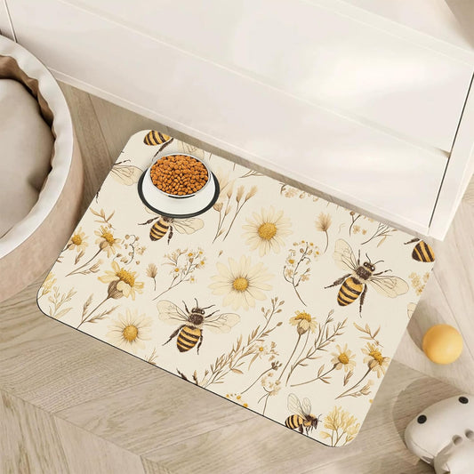 Bees Boho Daisy Floral Dog Food Mat for Floors,Absorbent Pet Food and Water Bowl Mats,Non-Slip Pet Feeding Mat,Pet Supplies 16" x 24"