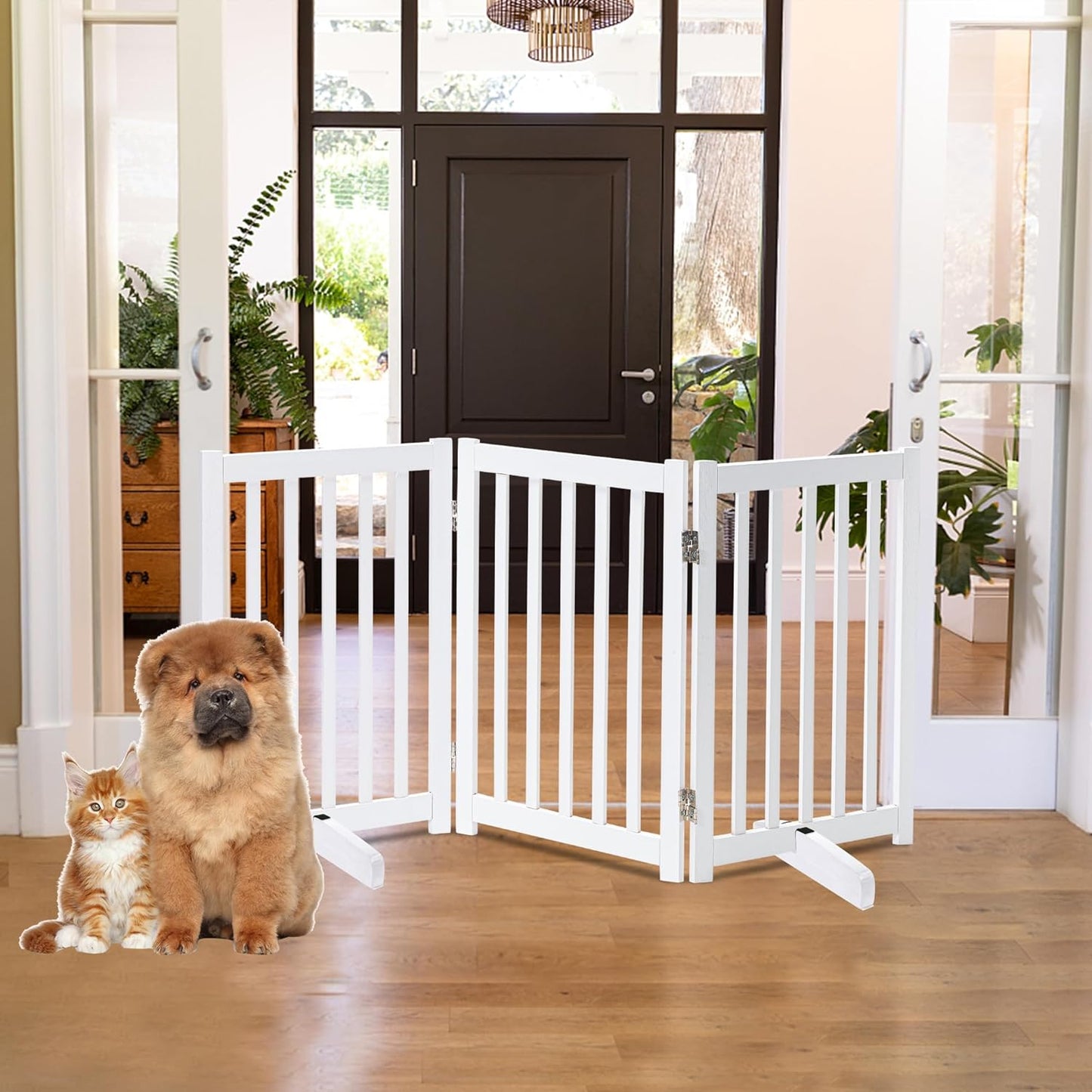 LZRS Solid Hardwood Freestanding Pet Gate,Wooden Dog Gates Indoor for Doorways,Nature Wood Dog Gates for The House,Stairs,Safety Fence,White,30" Height-3 Panels