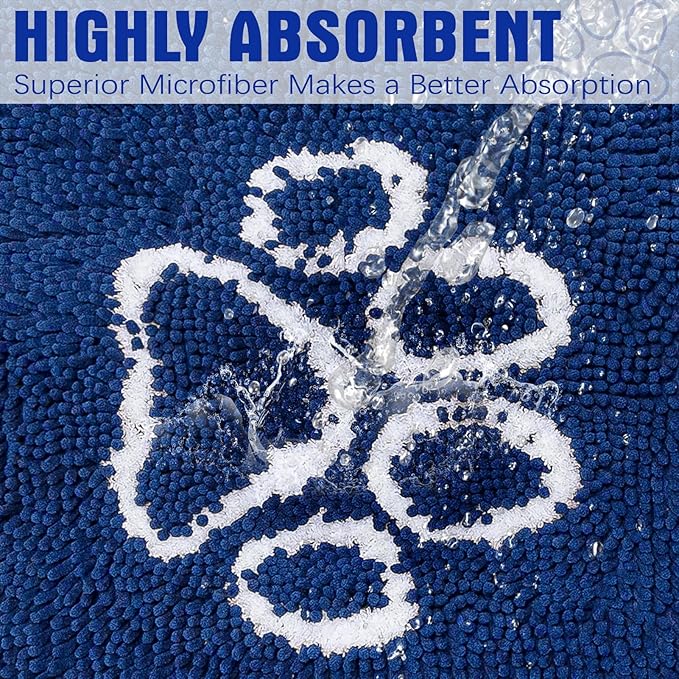 EXPAWLORER Dog Door Mat - Highly Absorbent Microfiber Rug, Soft Chenille, Non-Slip Large Pet Paw Cleaning, Washable Mud Mat for Indoor Outdoor Floor, Blue