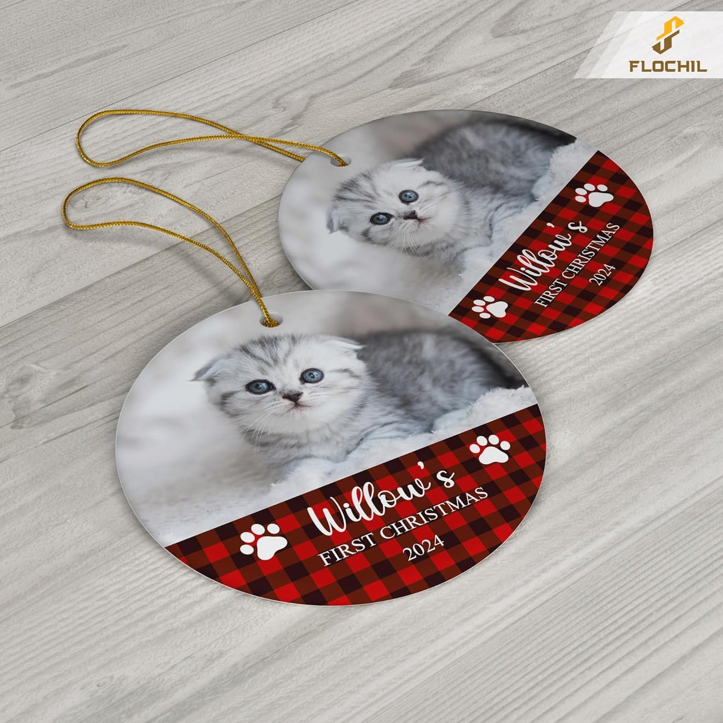 FLOCHIL Personalized Cat Christmas Ornaments Custom Photo Name for Christmas Trees, Cat First Christmas Ornaments, Gifts for Pet Lovers