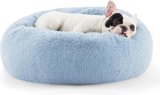 Bedsure Calming Dog Bed for Small Dogs - Donut Washable Small Pet Bed, Round Anti-Slip Fluffy Plush Faux Fur Large Cat Bed, Fits up to 25 lbs Pets, Light Blue, 23 inches