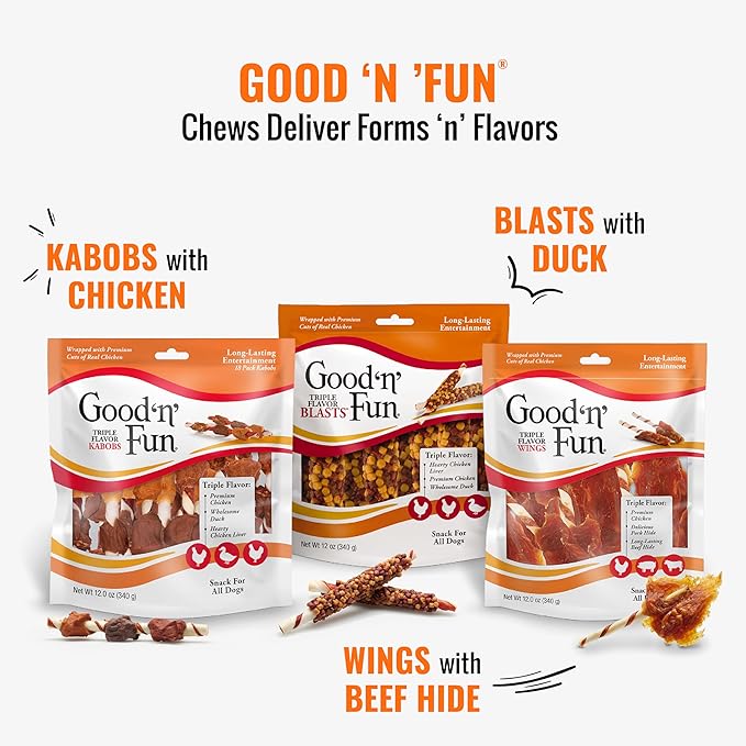 Good ‘n’ Fun Triple Flavor Wings Chews for All Dogs, 8 Ounces, Treat Your Dog to Long-Lasting Chews Made with Chicken, Beef Hide and Pork Hide