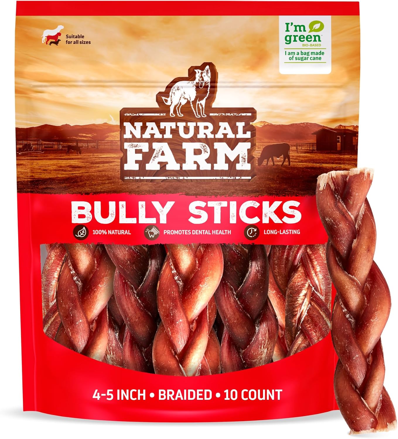 Natural Farm Odor-Free Braided Bully Sticks (4-5 Inch, 10 Pack) - 100% Grass-Fed Beef, Grain-Free, Low Fat & Fully Digestible Best Dental Treats, Safest Long Lasting Pizzle Chews to Keep Your Dog Busy