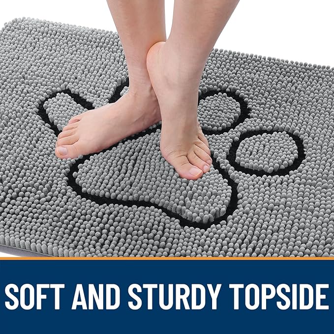 OLANLY Door Mat for Muddy Dog Paws 44x32, Ultra Absorbent Chenille Mud Doormat with Paw Print Design, Non-Slip Washable Doormat for Indoor Entryway, Quick-Dry Pet Bed Mats for Dirty Dogs, Grey