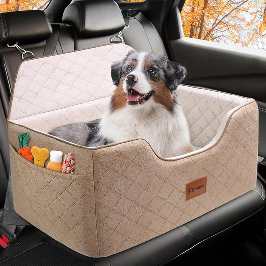 Dog Car Seat for Large-Medium Dogs: Pet Car Seat, Detachable Washable Dog Booster Seat, Pet Travel Bed with Storage Pockets and Dogs Safety Belt (Coffee, Large)