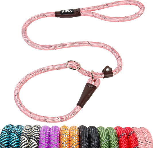 Fida Duarble Slip Leads for Dogs, 4 FT x 1/2" Heavy Duty Dog Loop Leashes, Comfortable Strong Rope Slip Leash for Small Dogs and Puppies, No Pull Pet Training Lead with Highly Reflective(1/2", Pink)
