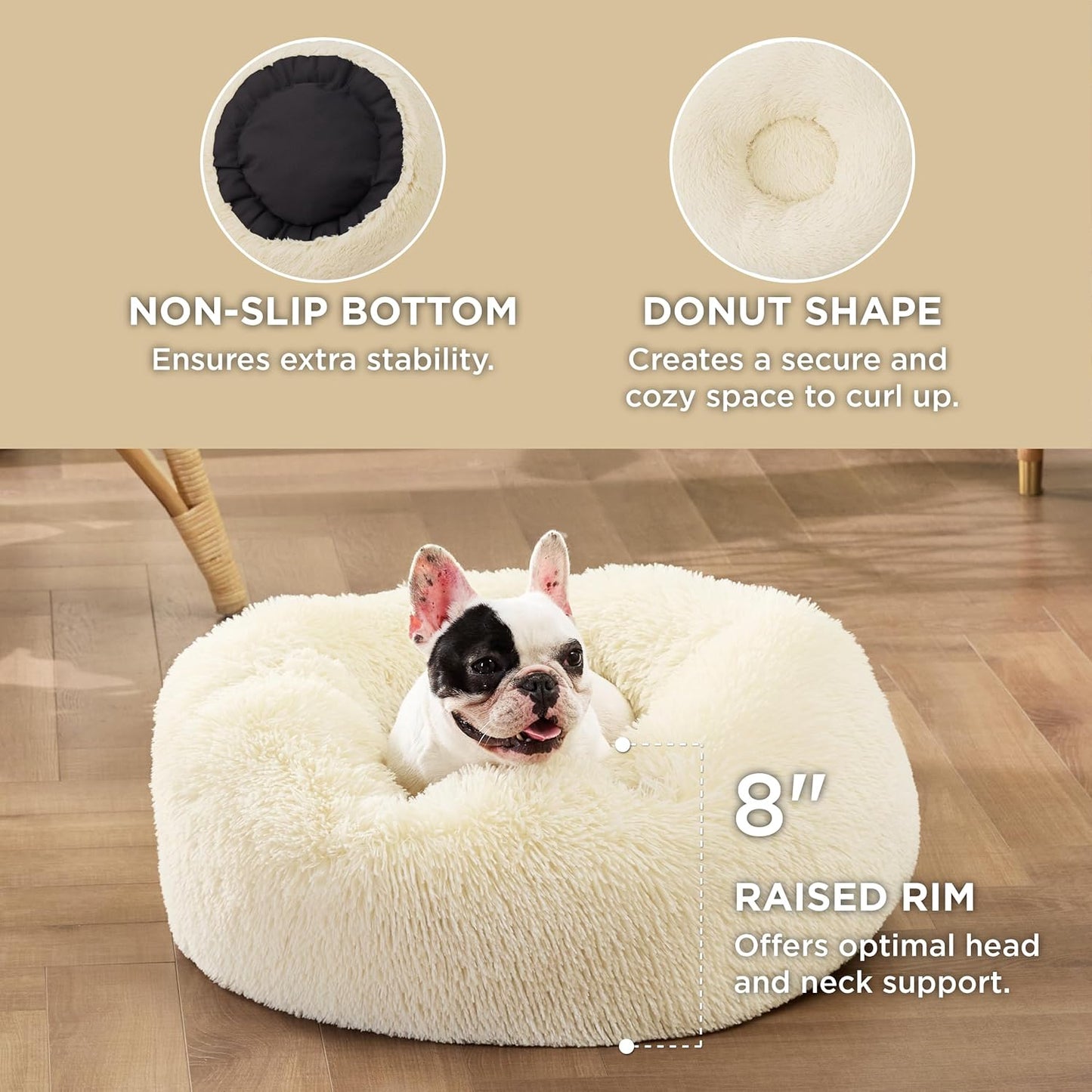 Bedsure Calming Dog Bed for Small Dogs - Donut Washable Small Pet Bed, Round Anti-Slip Fluffy Plush Faux Fur Large Cat Bed, Fits up to 25 lbs Pets, Ivory Beige, 23 inches